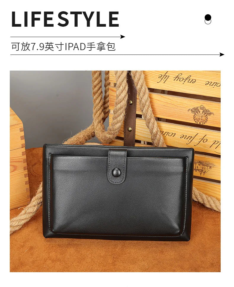 Fashion Real Cow Leather Men Women Clutch Bag Double Zipper Long Wallet Card Holder Purse Business 7.9 Inch Ipad Handy Bags