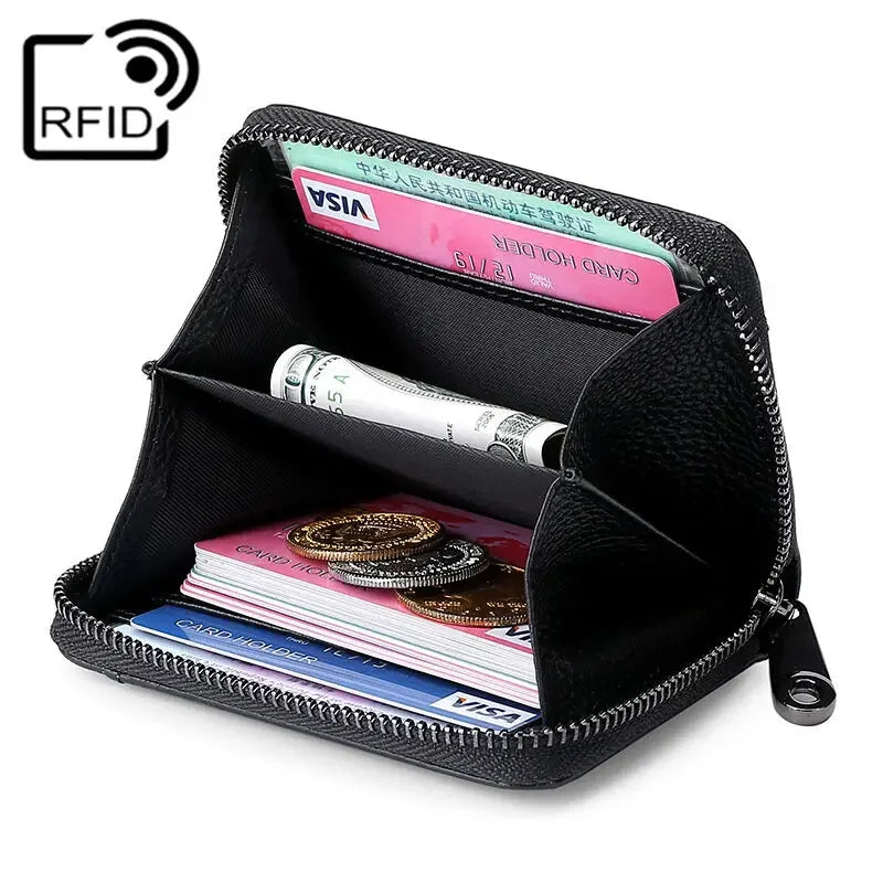 Wallet Genuine Leather Bank Credit Card Rfid Blocking Holder Men and Women Slim Change Coin Keys Cards Pouch Purse Zipper Bag