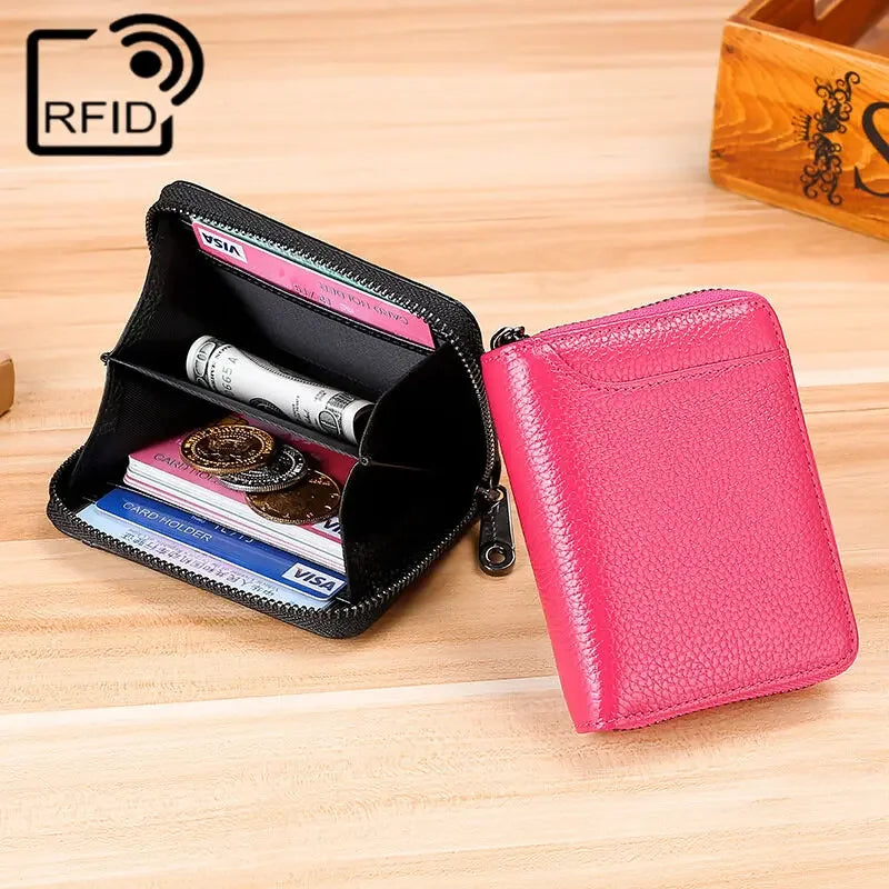 Wallet Genuine Leather Bank Credit Card Rfid Blocking Holder Men and Women Slim Change Coin Keys Cards Pouch Purse Zipper Bag