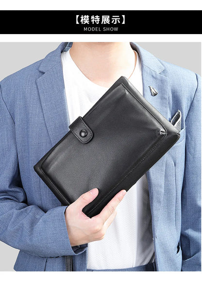 Fashion Real Cow Leather Men Women Clutch Bag Double Zipper Long Wallet Card Holder Purse Business 7.9 Inch Ipad Handy Bags
