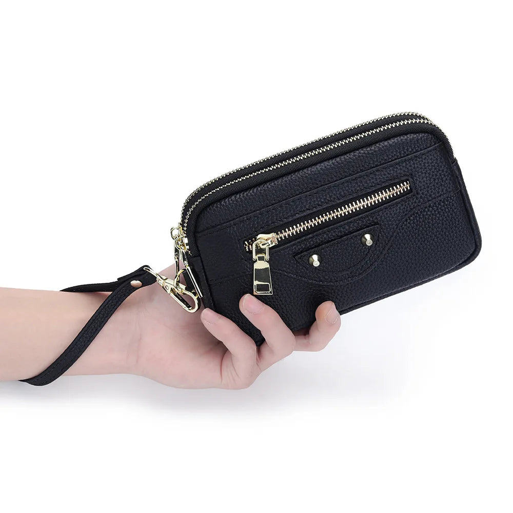 New 2025 Versatile Lady Wallet Women's Clutch Bag Brand Rivet Real Top Layer Cow Leather Zipper Coins Pocket KeyChain Big Purse
