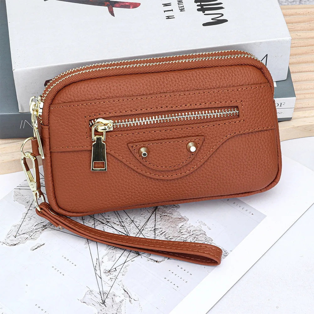 New 2025 Versatile Lady Wallet Women's Clutch Bag Brand Rivet Real Top Layer Cow Leather Zipper Coins Pocket KeyChain Big Purse