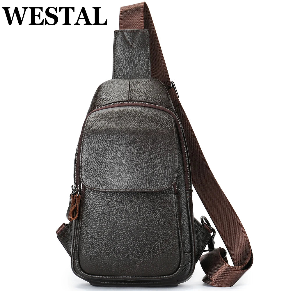 WESTAL Coffee Genuine Leather Bag for Men Chest Bags Shoulder Pack Husband Gift Wallet Crossbody Bag Fashion Luxury Designer