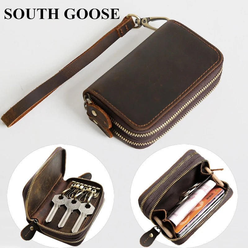 SOUTH GOOSE Genuine Leather Key Wallets Men Retro Car Key Case Cowhide Double Zipper Keys Organizer Coin Pouch Women Housekeeper