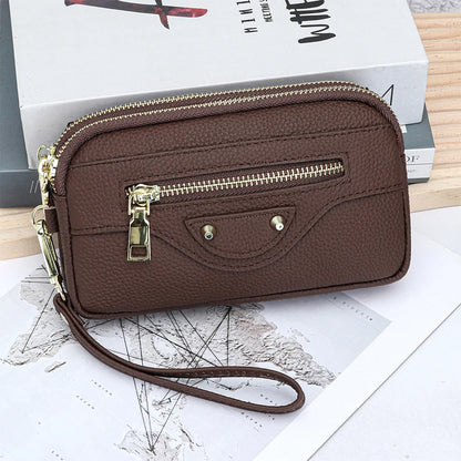 New 2025 Versatile Lady Wallet Women's Clutch Bag Brand Rivet Real Top Layer Cow Leather Zipper Coins Pocket KeyChain Big Purse
